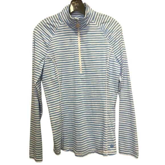 Lilly Pulitzer Luxletic Top Med Arin Lounge Pullover 1/2 Zip Blue White Stripe - Picture 1 of 8